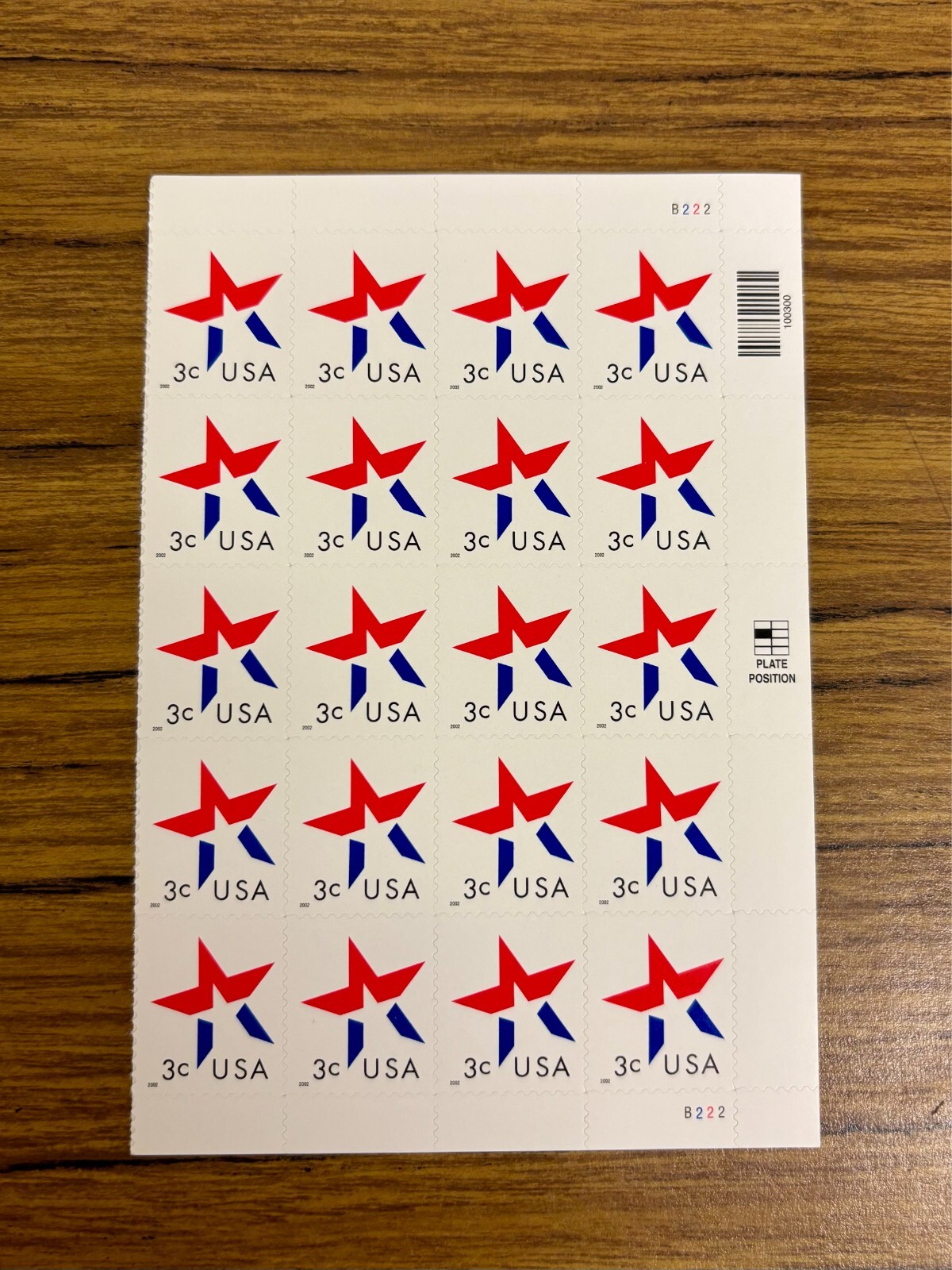3 cent stamps USA red white blue STAR pane sheet of 20 USPS self adhesive B222