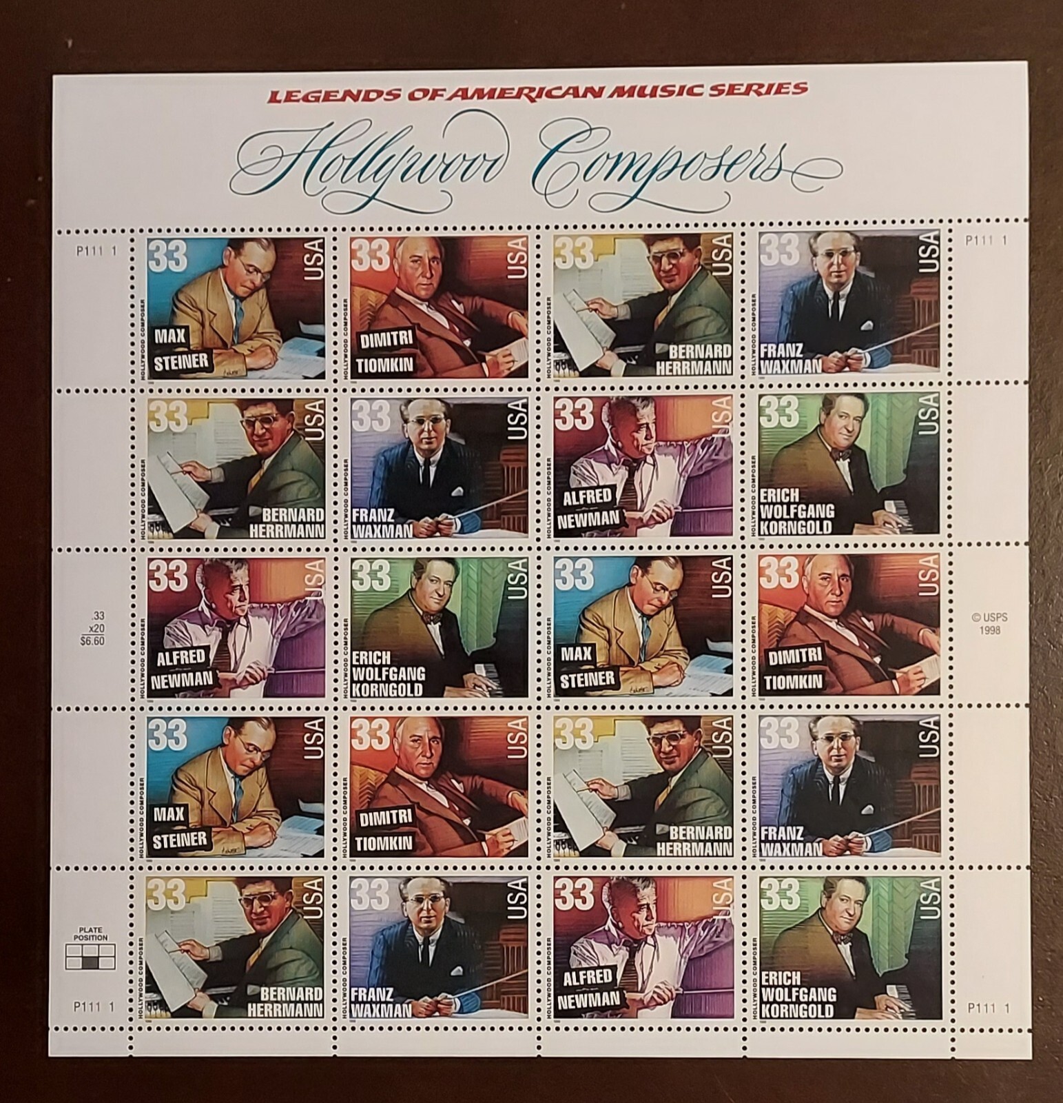 US Postage 3339 – 3344 PANE OF 20-33c HOLLYWOOD COMPOSERS  FV 6.60 MNH Free Ship