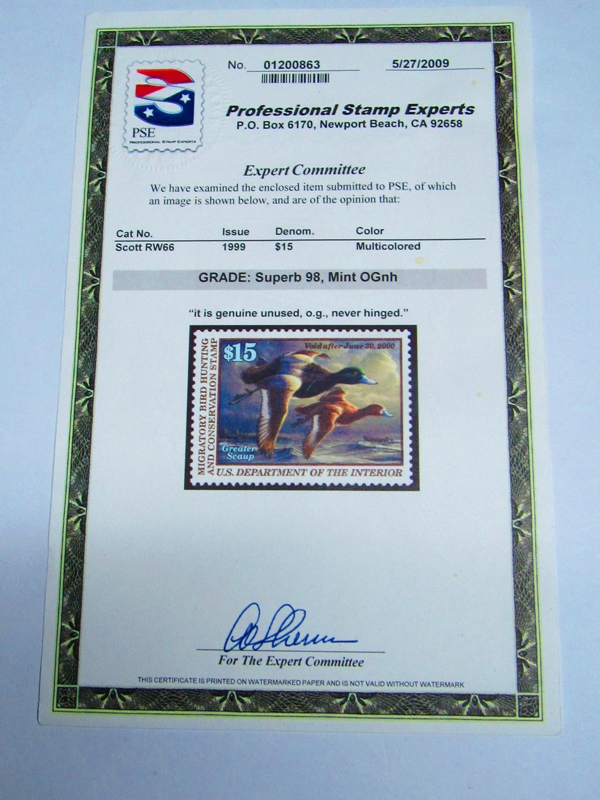 PSE Certified Stamp! 1999 U.S. DEPARTMENT OF INTERIOR $15 Stamps STP-116-IB