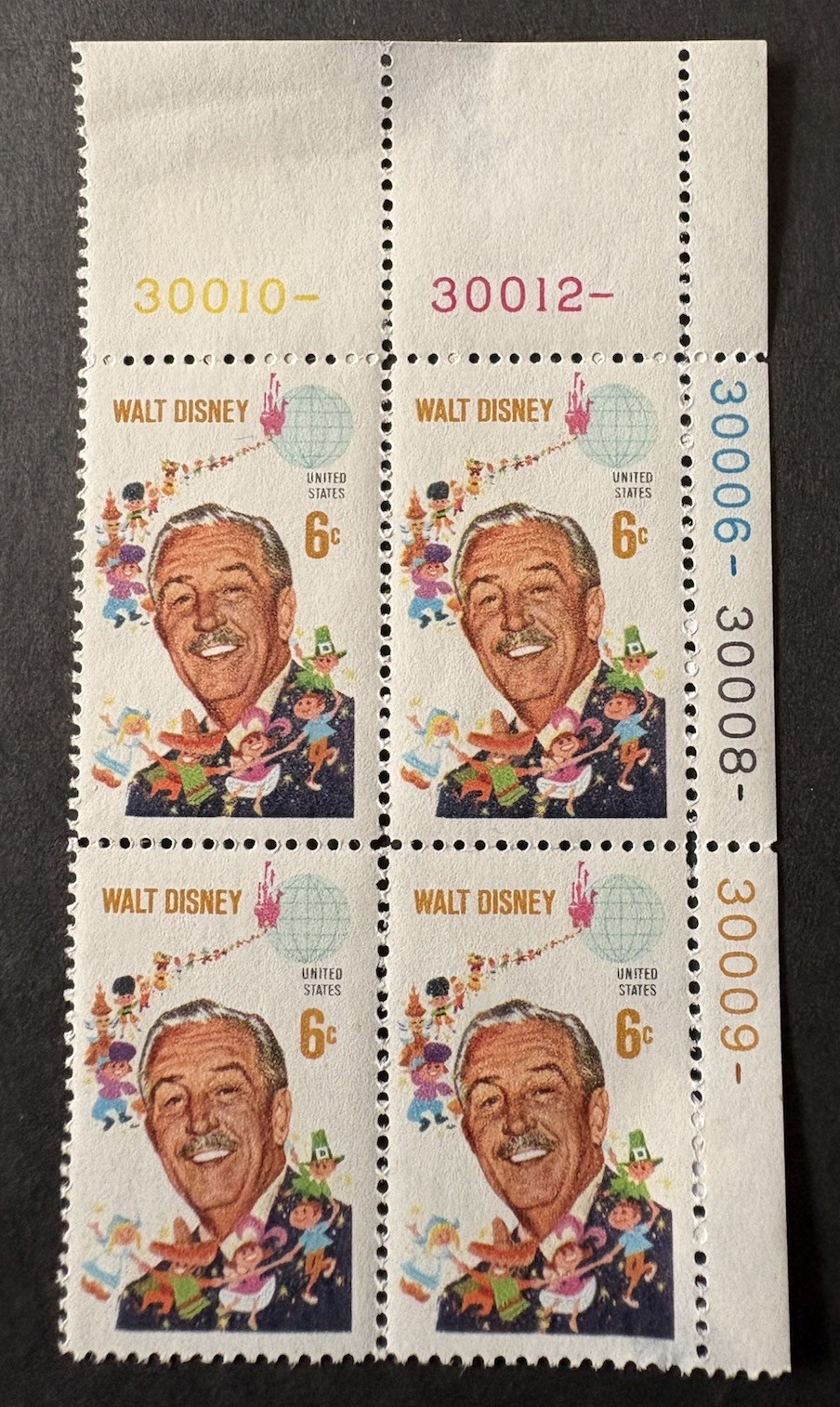Unused Walt Disney 6¢ Plate Block of 4, tape remnants on reverse VTG Plate #s