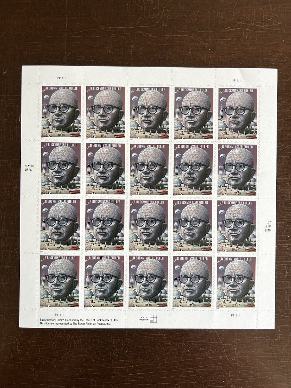 US SCOTT 3870 SHEET OF 20 R BUCKMINSTER FULLER STAMPS 37 CENT FACE MNH 2003