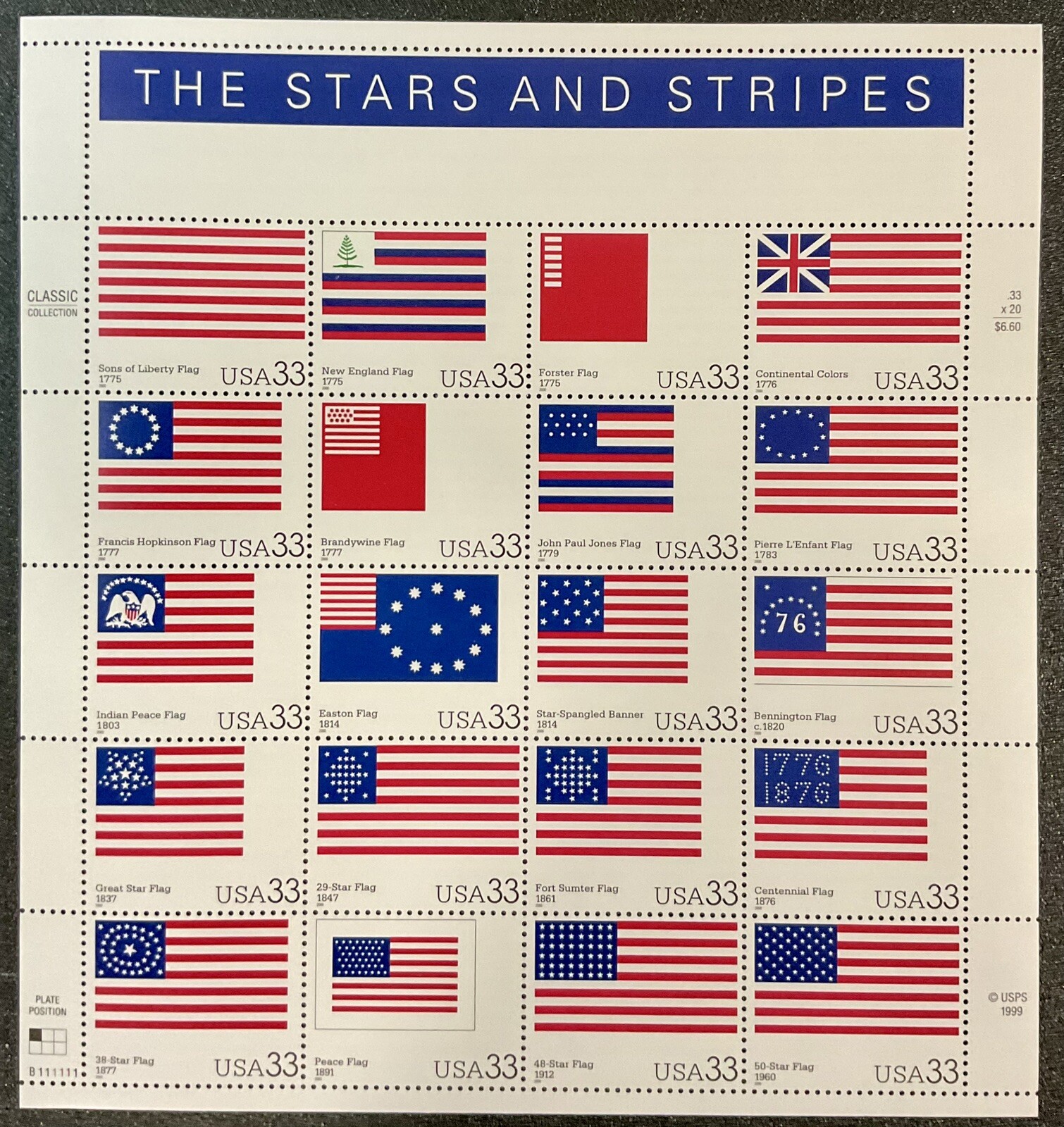 US Postage stamps The Stars And Stripes FLAGS 33c 20 stamps MNH