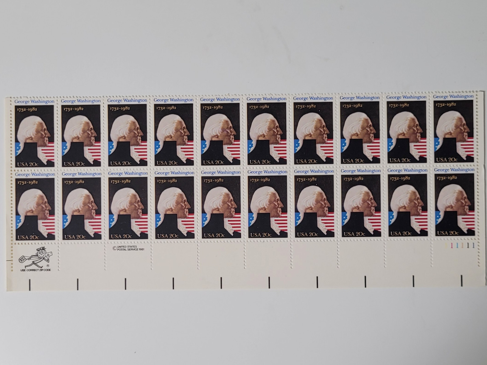 US Stamp George Washington 20c Blate of 20 Scott #1952 MNH