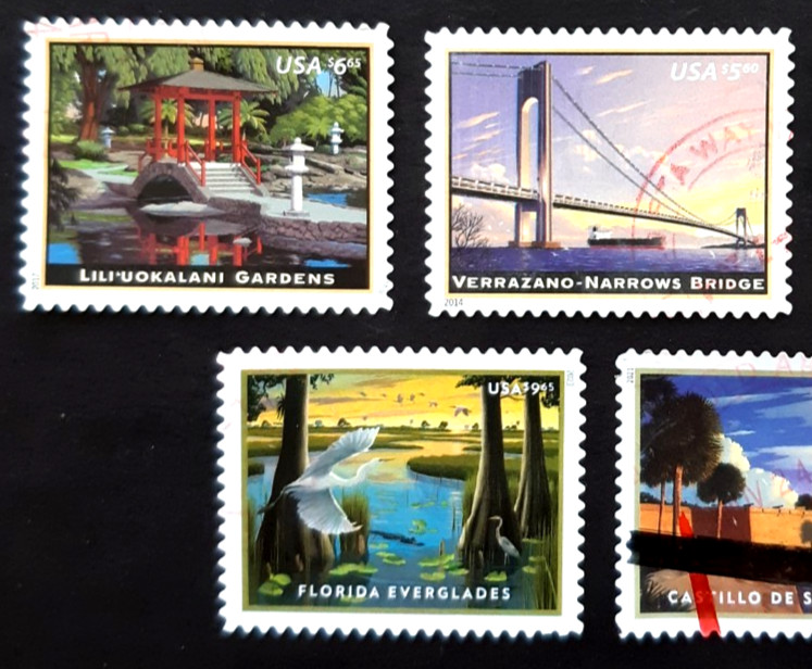 🔥5 US PRIORITY MAIL High Value Stamps ~ AMERICAN LANDMARKS ~ Used, Off Paper XF