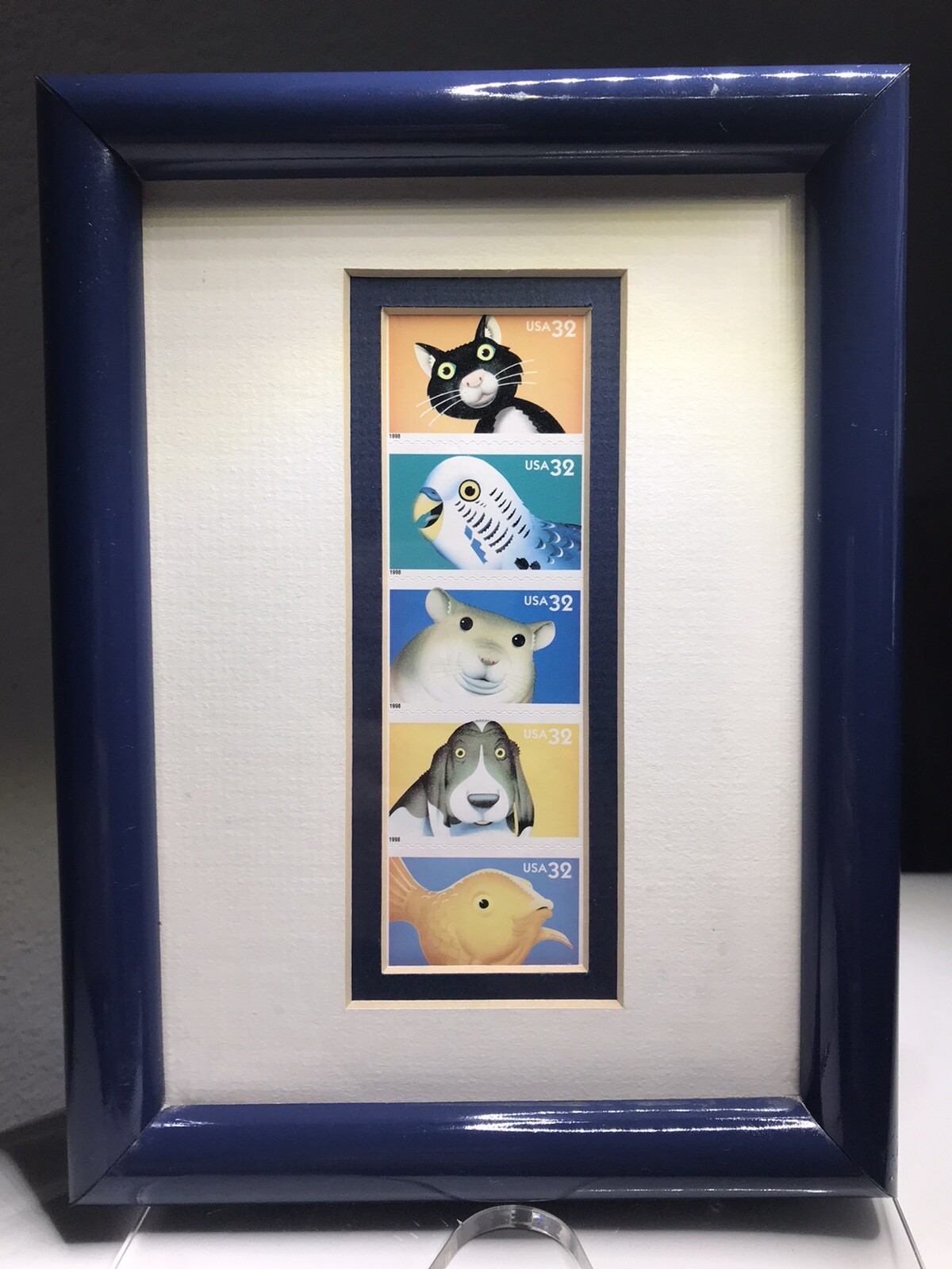 Vintage 1998 United States 32¢ Pet Bright Eyes Postage Stamps ~ Matted Framed
