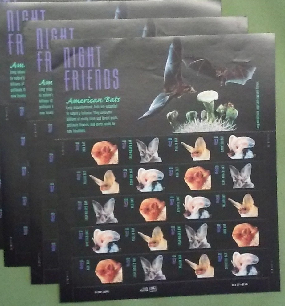 Three Sheets = 60 of NIGHT FRIENDS American Bats 37¢ US Postage Stamps 3661-3664