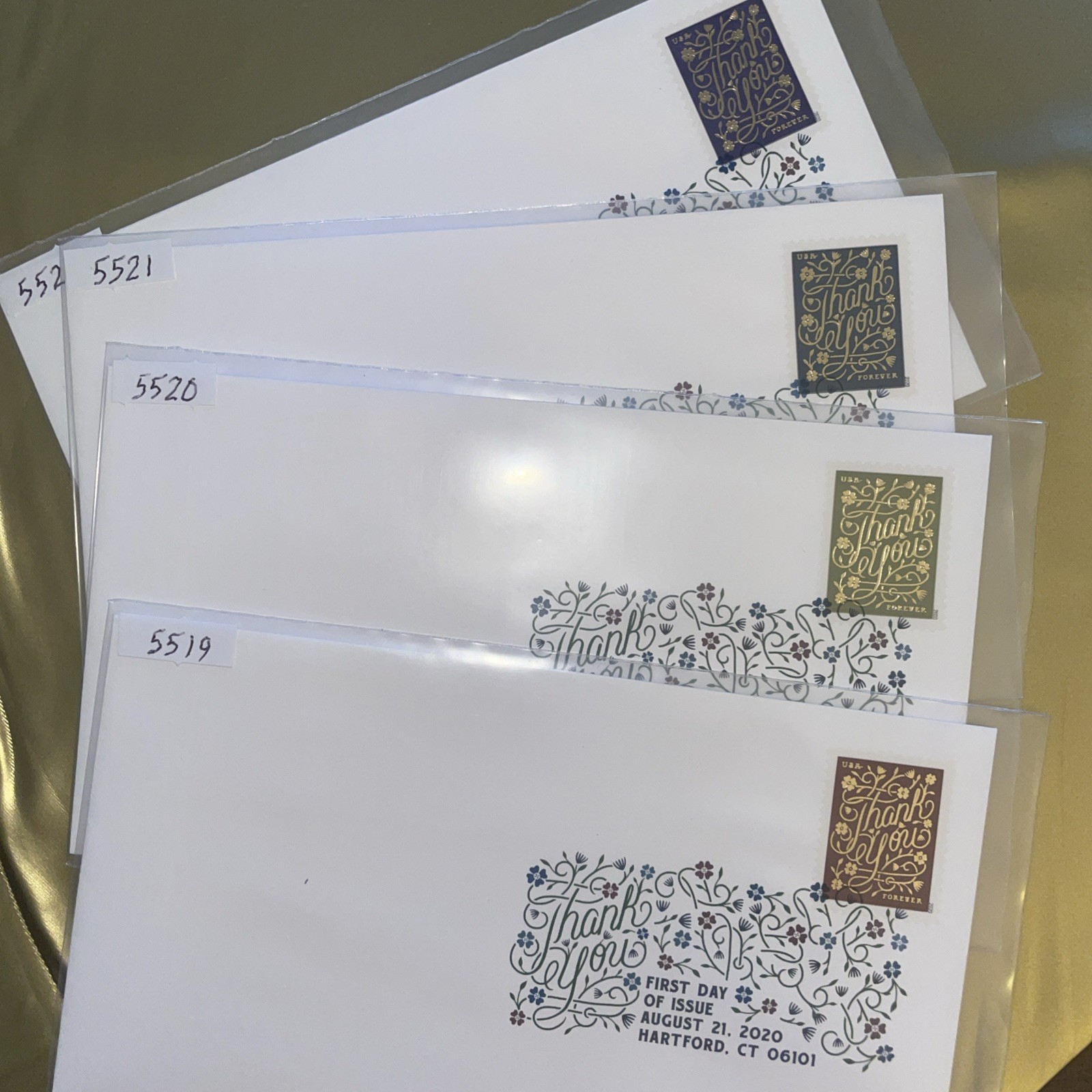 Thank You Pane of 20 + 3 Blocks Of 4 Forever Stamps + 4 FDC & 4 DCP envelopes