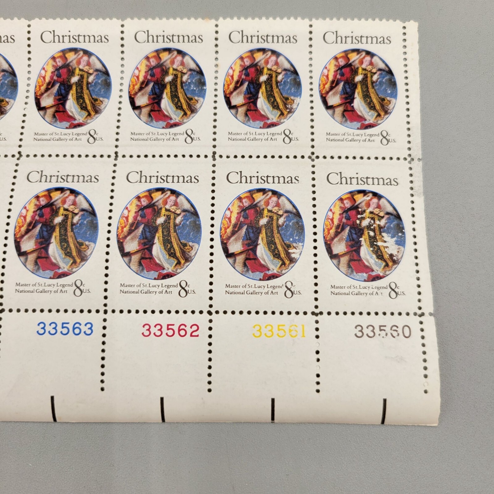 1970s USPS Christmas Master of St Lucy Legend Pane of 12 8 Cent Stamps