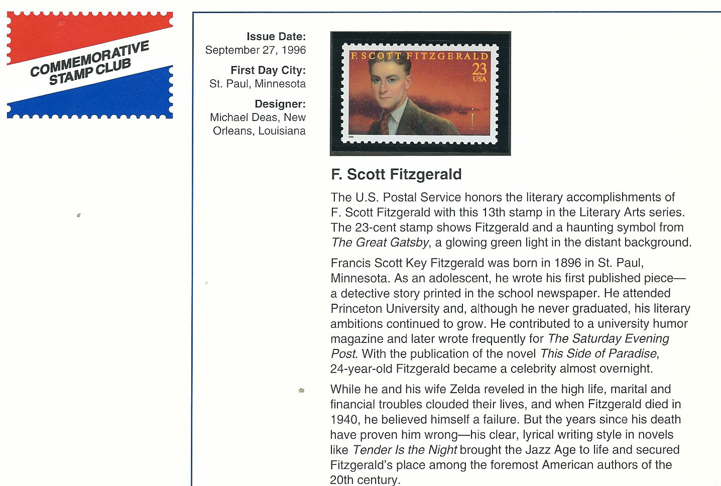 Scott # 3104..23 Cent…F. Scott Fitzgerald + Postal History