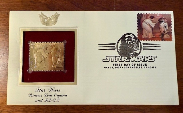 Princess Leia Organa & R2-D2 Star Wars Disney 22KT Gold Stamp 1st Day USPS
