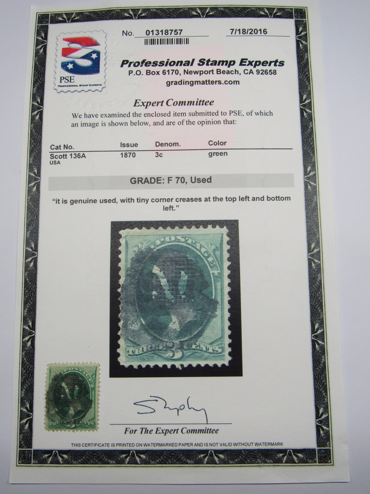 PSE Certified Stamp! 1870 U.S. POSTAGE 3¢ GR-F70, USED Stamps STP-31-IB