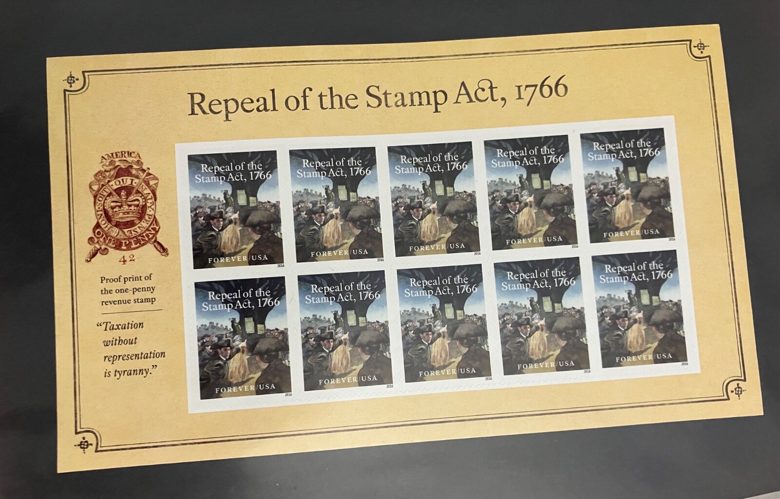 Repeal of the Stamps Act 1766, 10 count USA Forever stamp sheet-NEVER USED
