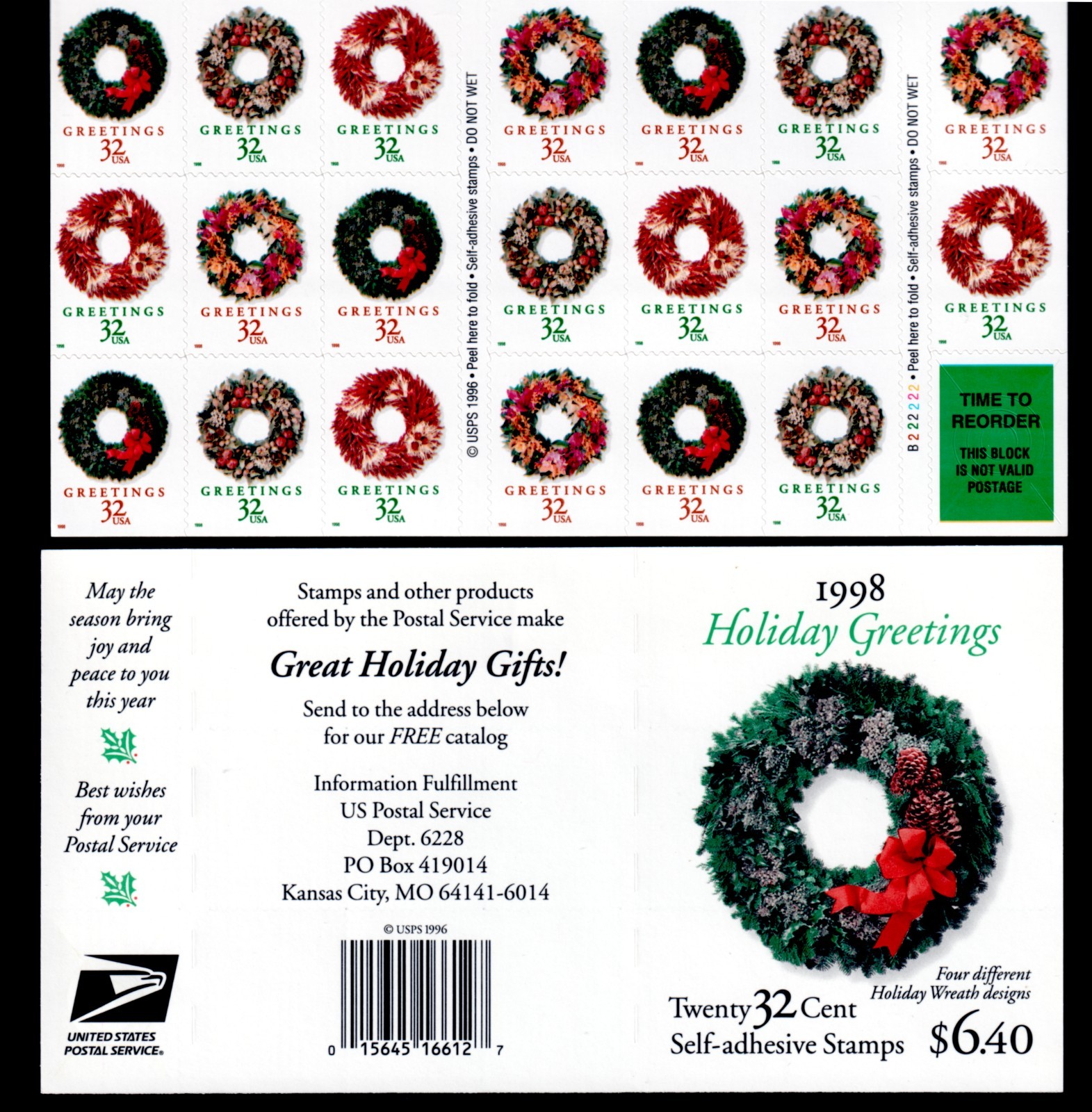 US #3252 BOOKLET Pane of 20 Holiday WREATHS Stamps 32 Cent MNH #B22222