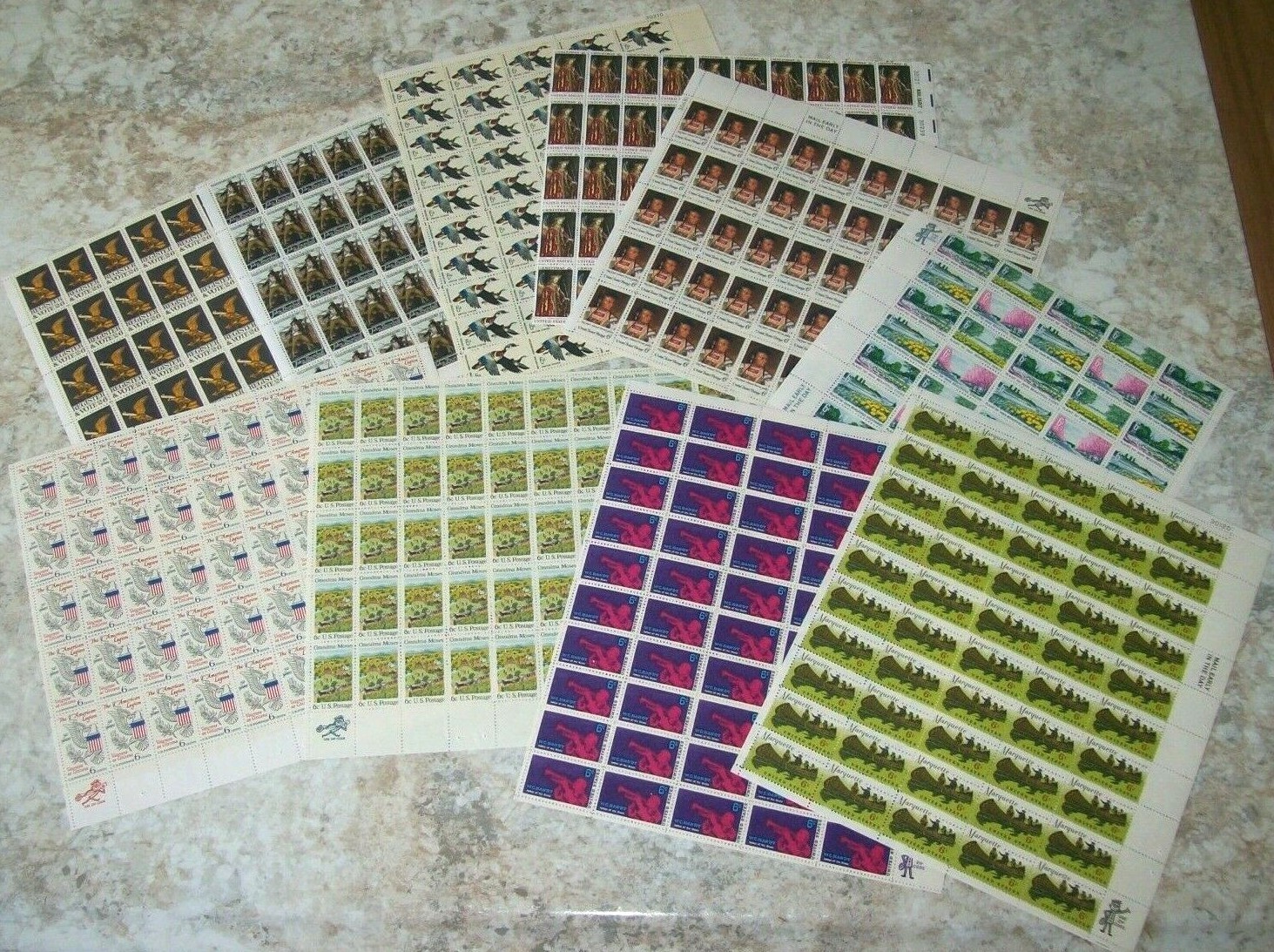 Estate Find Postage Stamps Full Sheets, Lot of 10, Denominations 6 Cents,