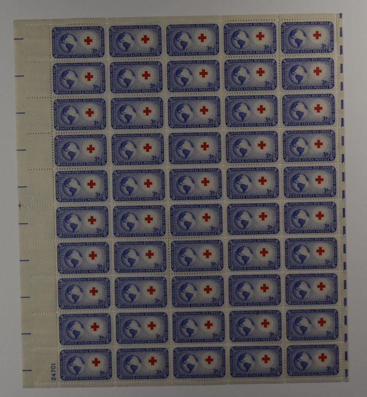 US SCOTT 1016 PANE OF 50 INTERNATIONAL RED CROSS STAMPS 3 CENT FACE MNH