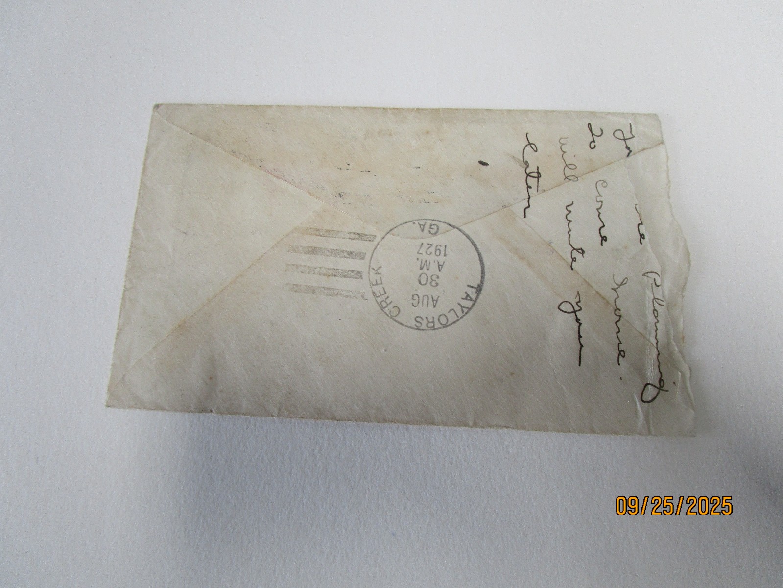 WASHINGTON 2 CENT STAMP ENVELOPE POSTMARKED 1927 AUG 26 GA STAMP EPHEMERA