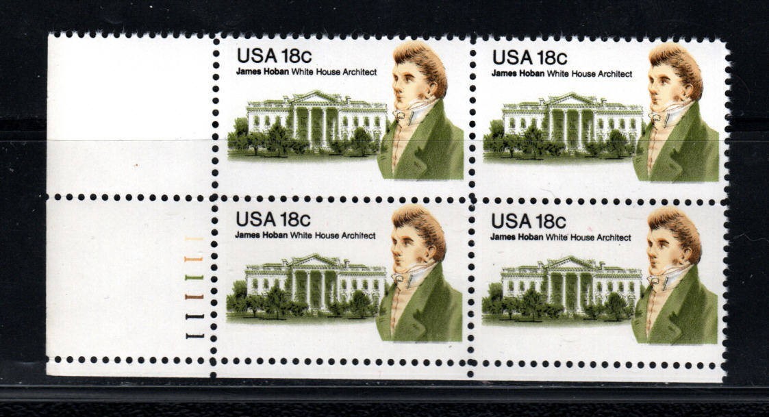 US Stamps – 18¢ James Hoben White House Architect – Numbered Plate Block