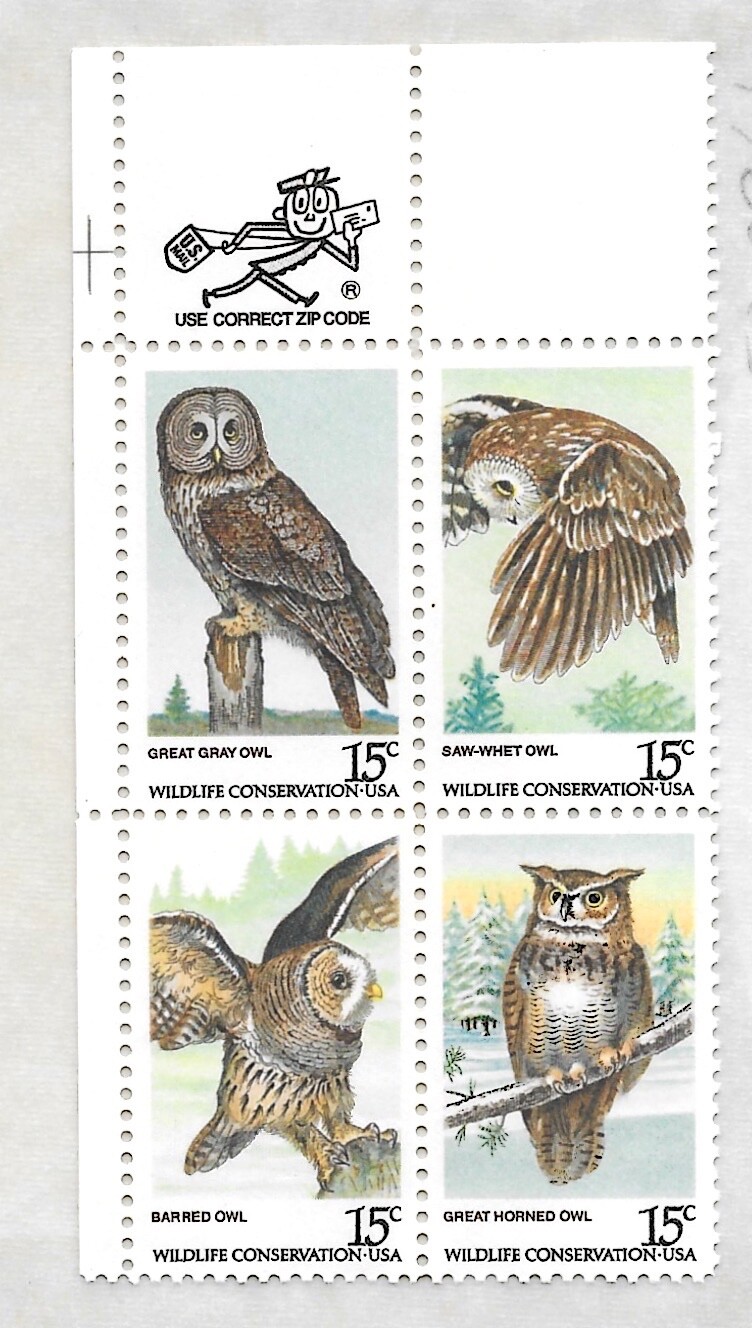 #1760-63 15c American Owls BLOCK of 4 Stamps plus MR. ZIP – mint never 1978 MNH