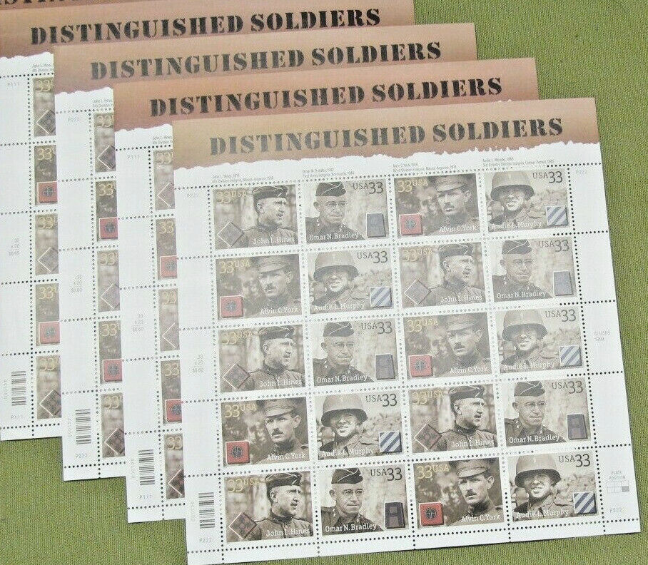 Four Sheets x 20 = 80 of DISTINGUISHED SOLDIERS 33¢ US Stamps USA Sc # 3393-3396