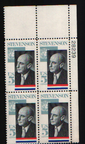 1965 5c Adlai Stevenson Plate Block of Four Scott #1275 ST059