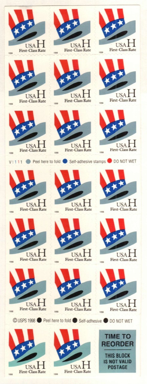 United States 33¢ H-Rate Uncle Sam’s Hat Postage Stamp #3268c Booklet Pane of 20