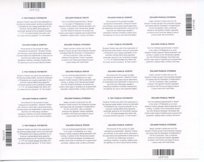 USPS Benjamin Franklin,Perfect Mint Full Sheet of 20 Stamps, SC# 4021-4024. MNH