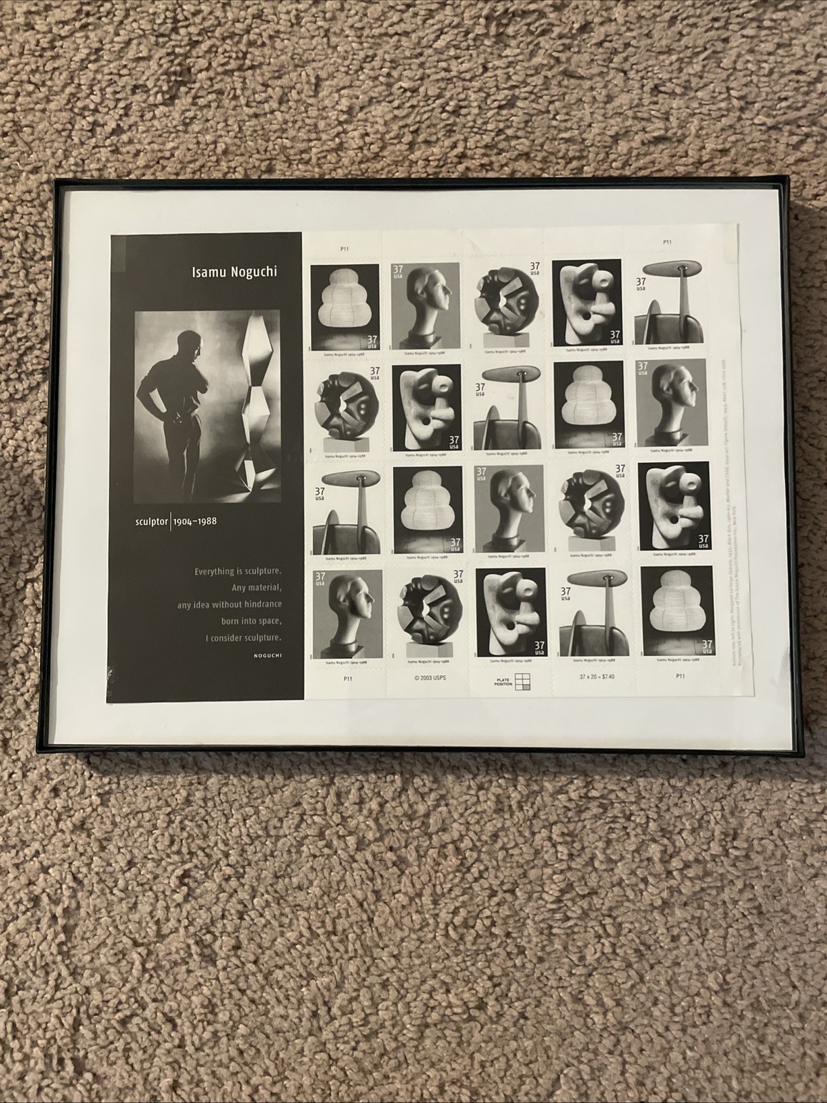 United States 37¢ Sculptor Isamu Noguchi Postage Stamp Full Sheet- Framed