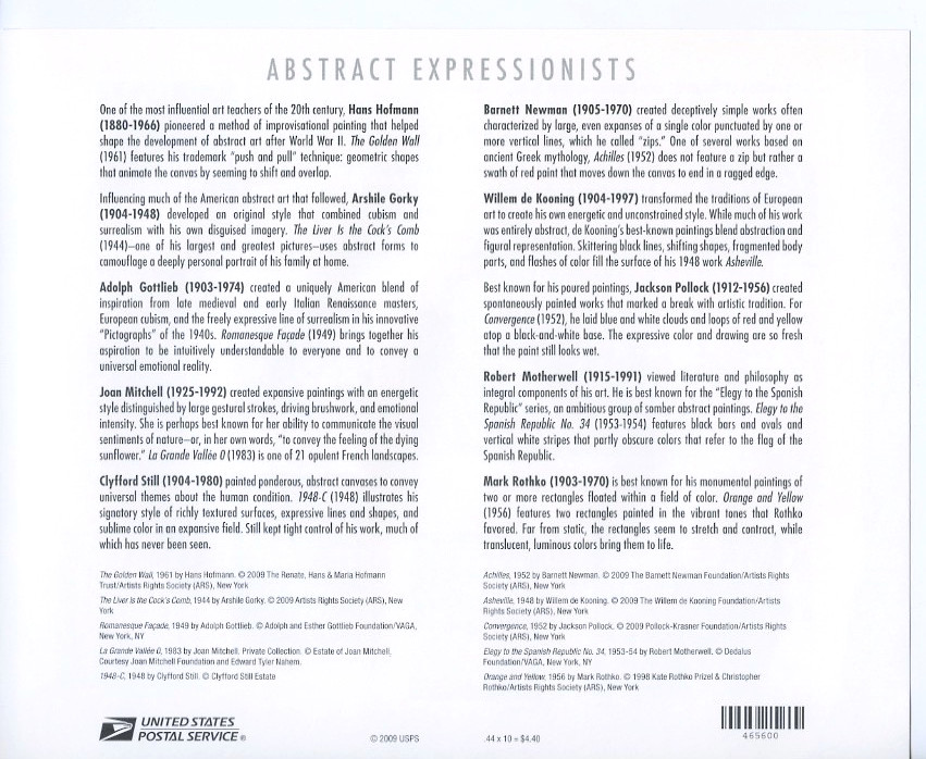 USPS Abstract Expressionists, 2009, Scott#4444, Full Sheet of 10 Stamps, MNH