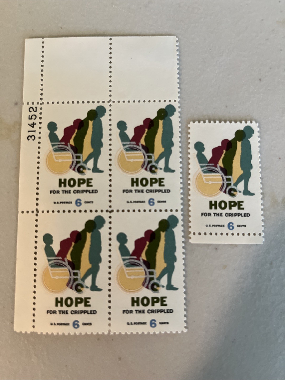 Hope for the Crippled Block of 4 Plus 1 Collectible Unused 1969 Stamps