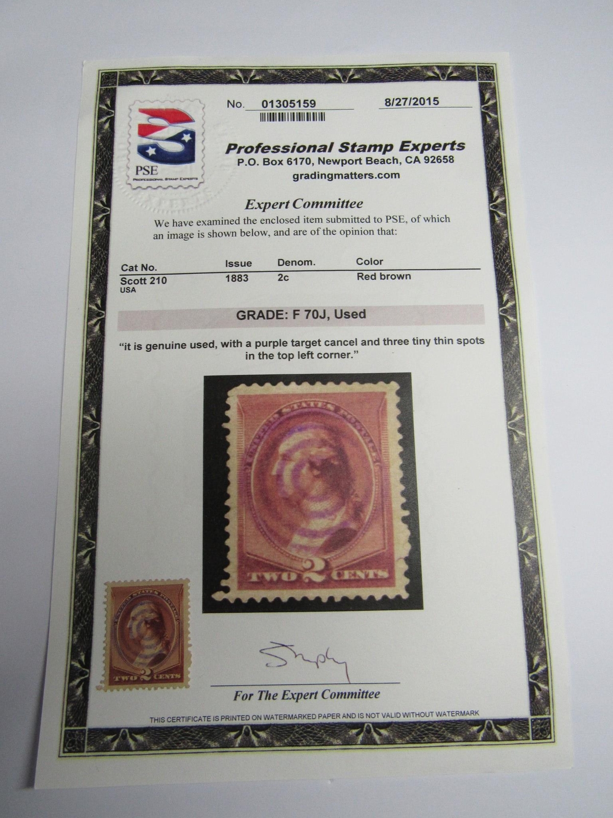 PSE Certified Stamp!1883 U.S. POSTAGE 2¢ GRADE: F70J, USED Stamp STP-23-IB