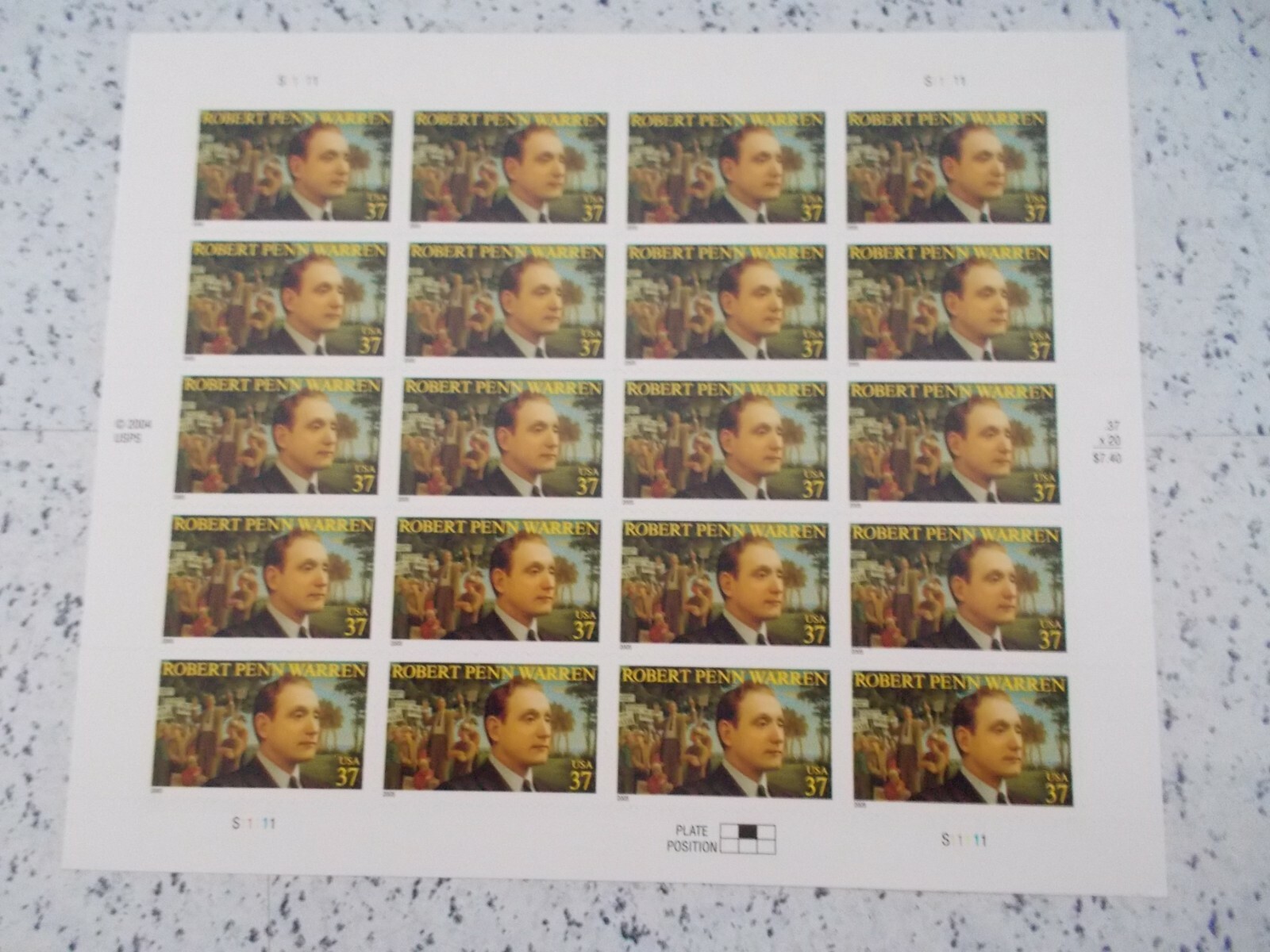#3904 ROBERT PENN WARREN SHEET OF 20 37 CENT STAMPS 2004/2005 MNH Free Shipping