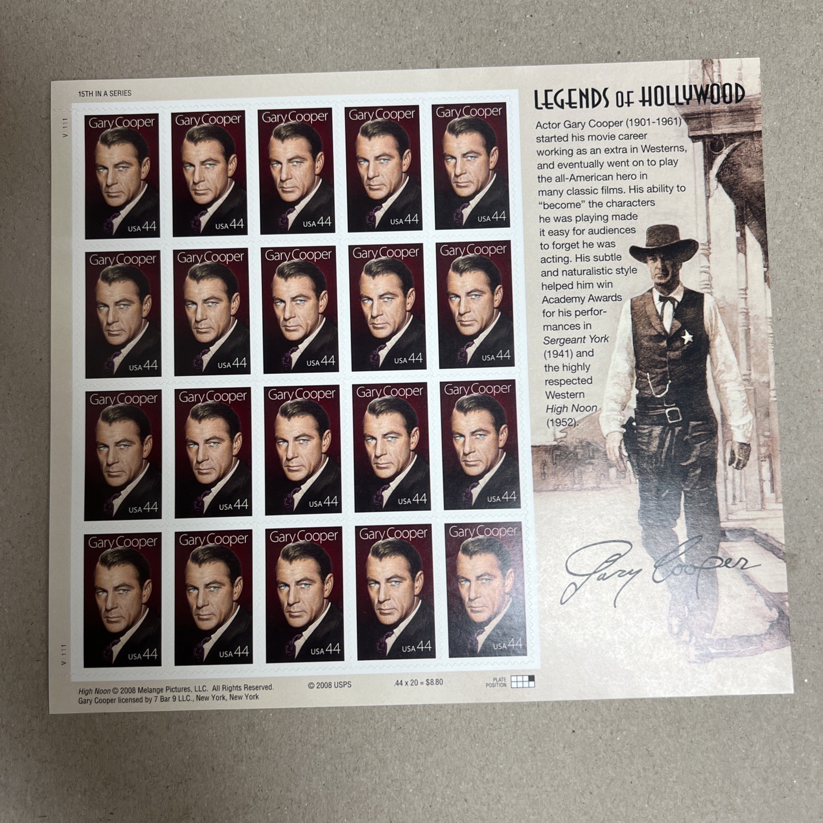 USPS 2008 Gary Cooper 44¢ Legends of Hollywood Stamp Sheet – Classic Film Icon