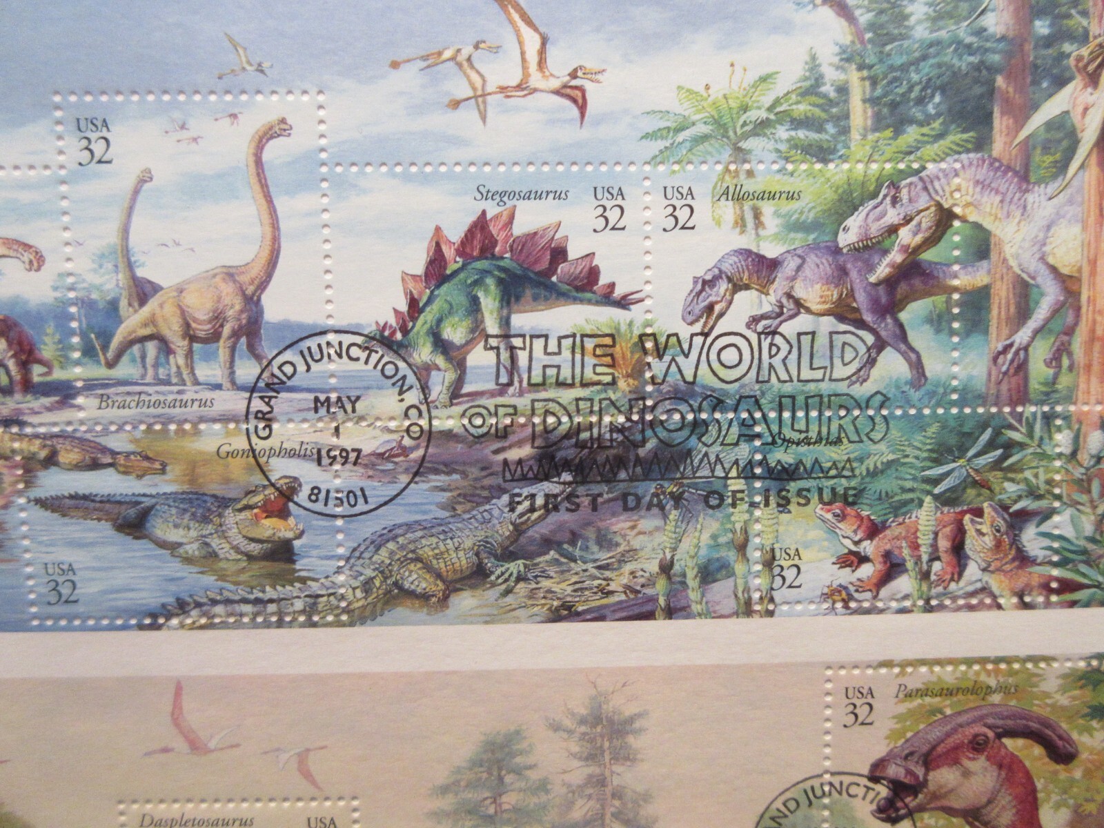 The World of Dinosaurs First Day Issued Stamps. May 1, 1997. Very nice piece.