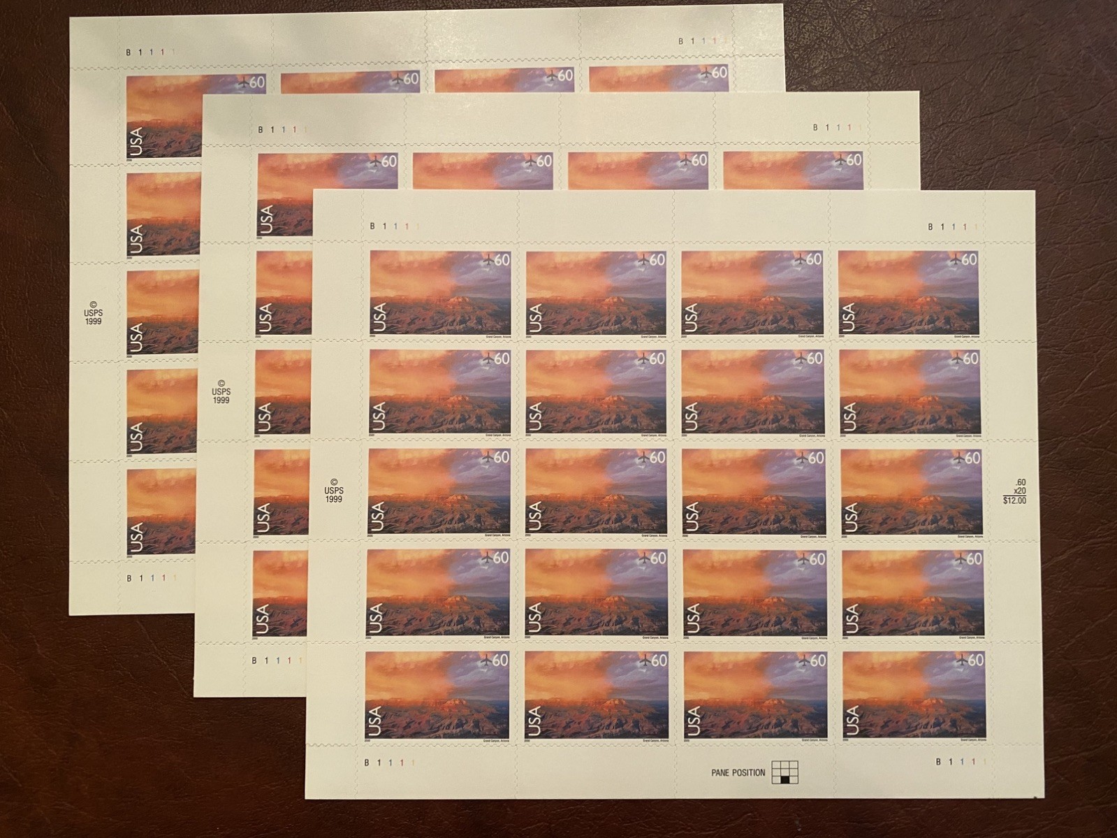 US Postal Stamp Sheet 60¢ Grand Canyon Air Mail – Lot of 3 Sheets