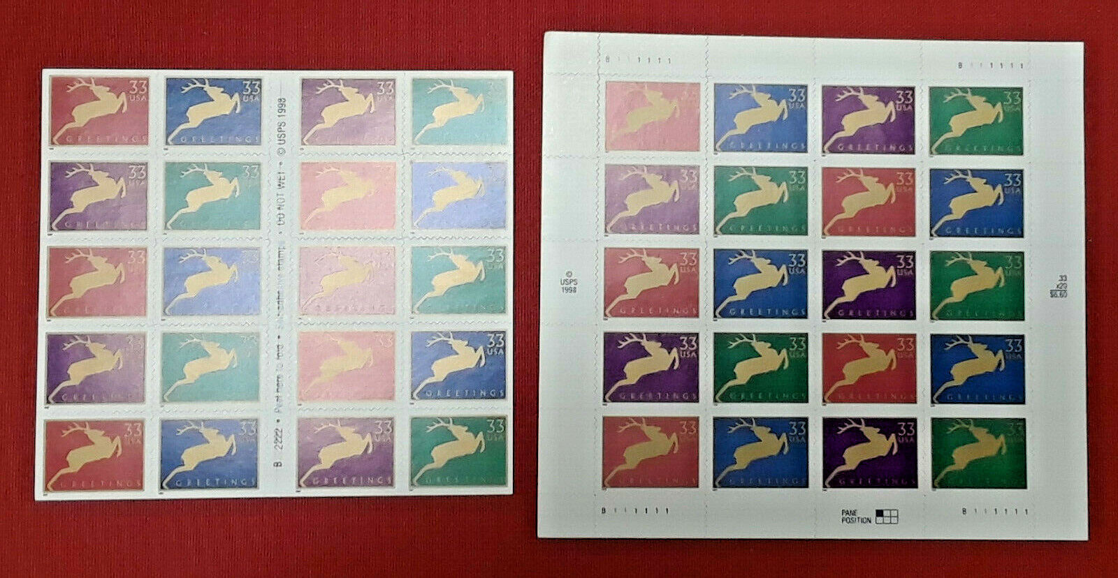 Combo 1 each Pane & Booklet x 20 = 40 Of REINDEER 33¢ US Stamps. USA # 3356-3363