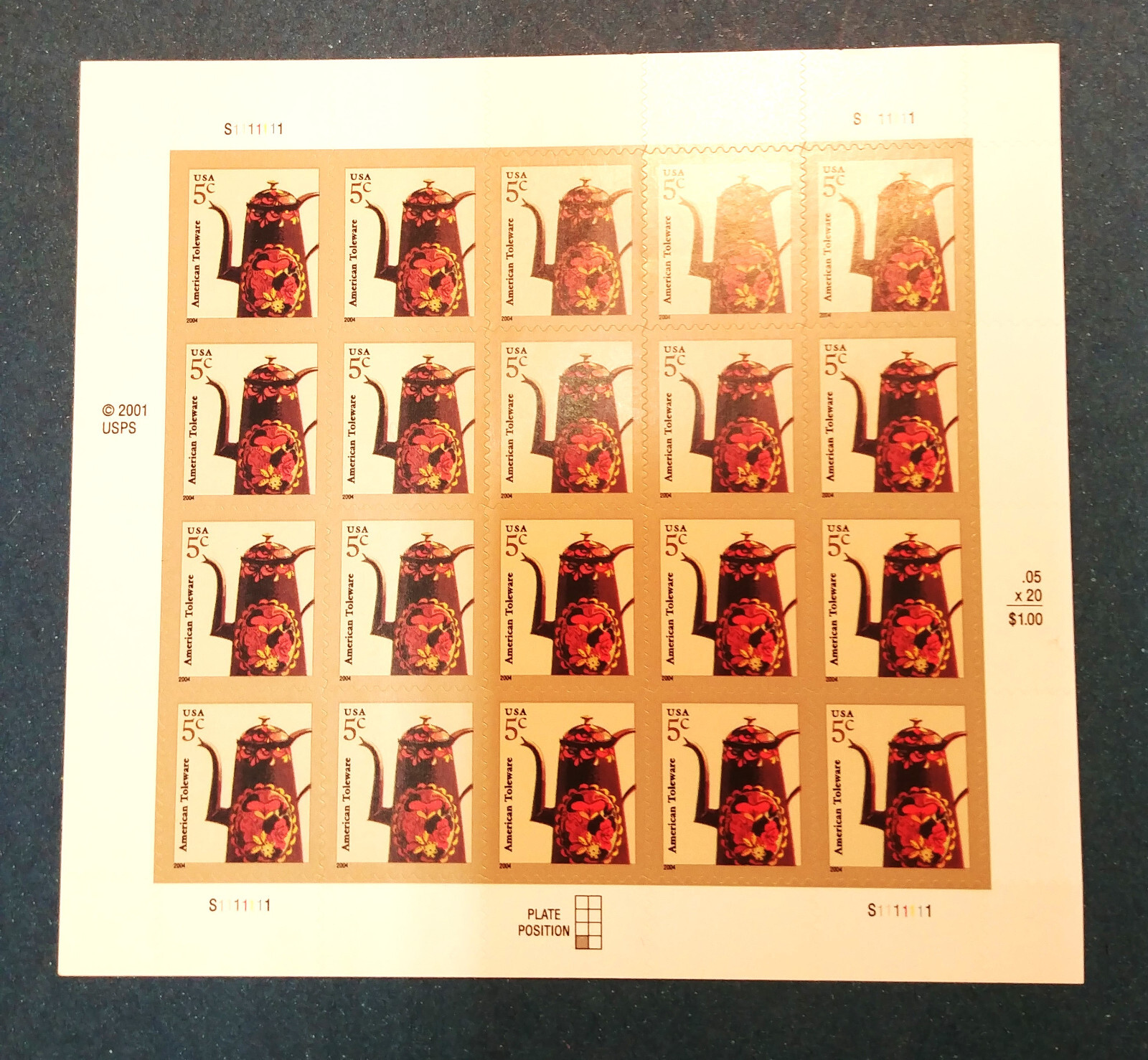 5 cent Stamps sheet pane 20 American Toleware coffee pot tea pot Scott #3756