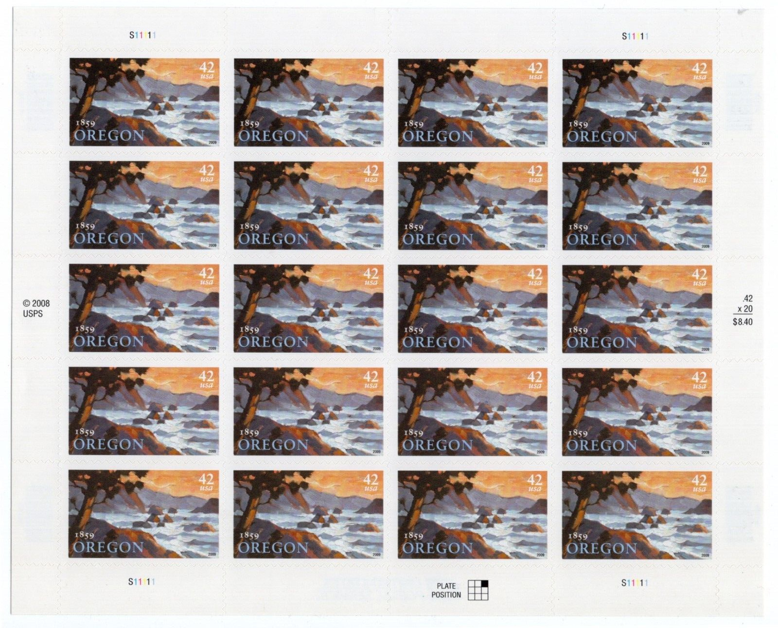 US 2009 SC 4376 42c Oregon Statehood – Sheet of 20 – MNH Fresh
