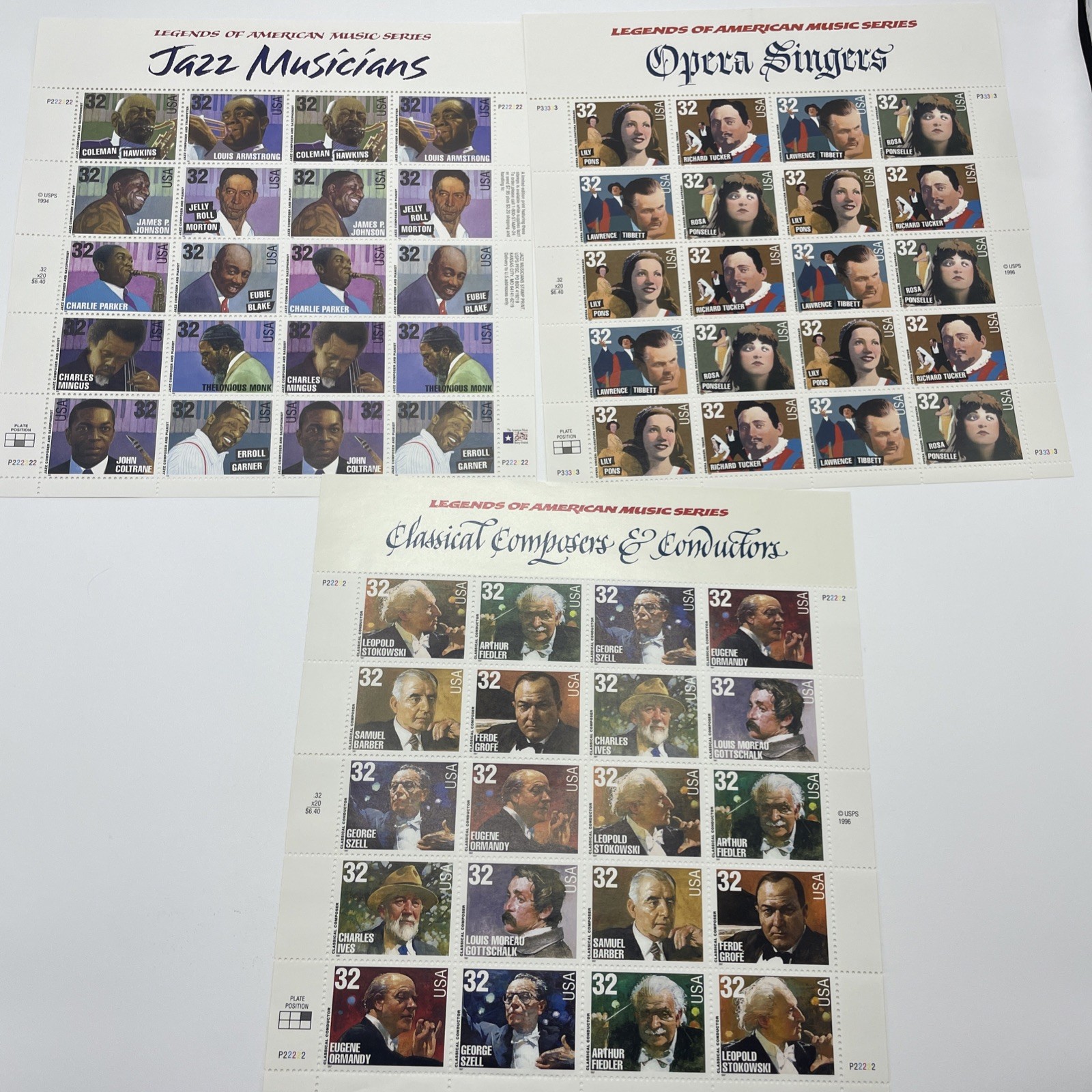 Lot 3 USPS Stamps MNH Sheets American Music Series: Opera, Jazz, Composers