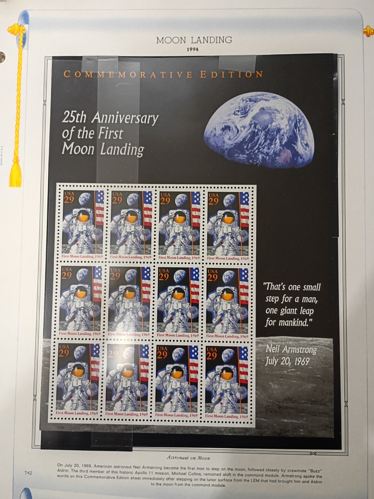 US #2841 25th Anniversary Of The First Moon Landing Pane Of 12 – 29c MNH