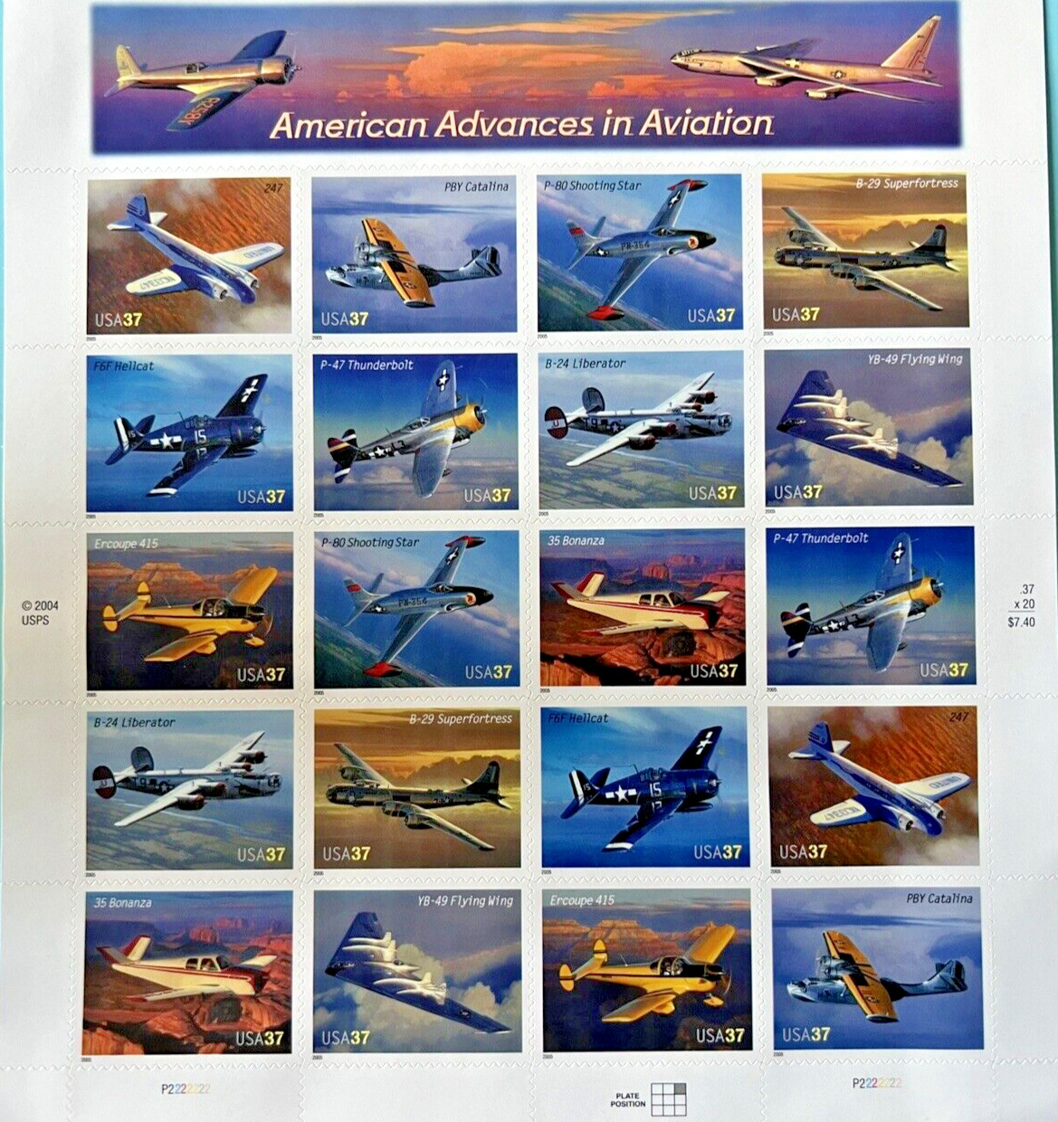 #3916-3925 American Advances in Aviation 37¢ – 4 Sheets x 20 = 80 Stamps FV29.60