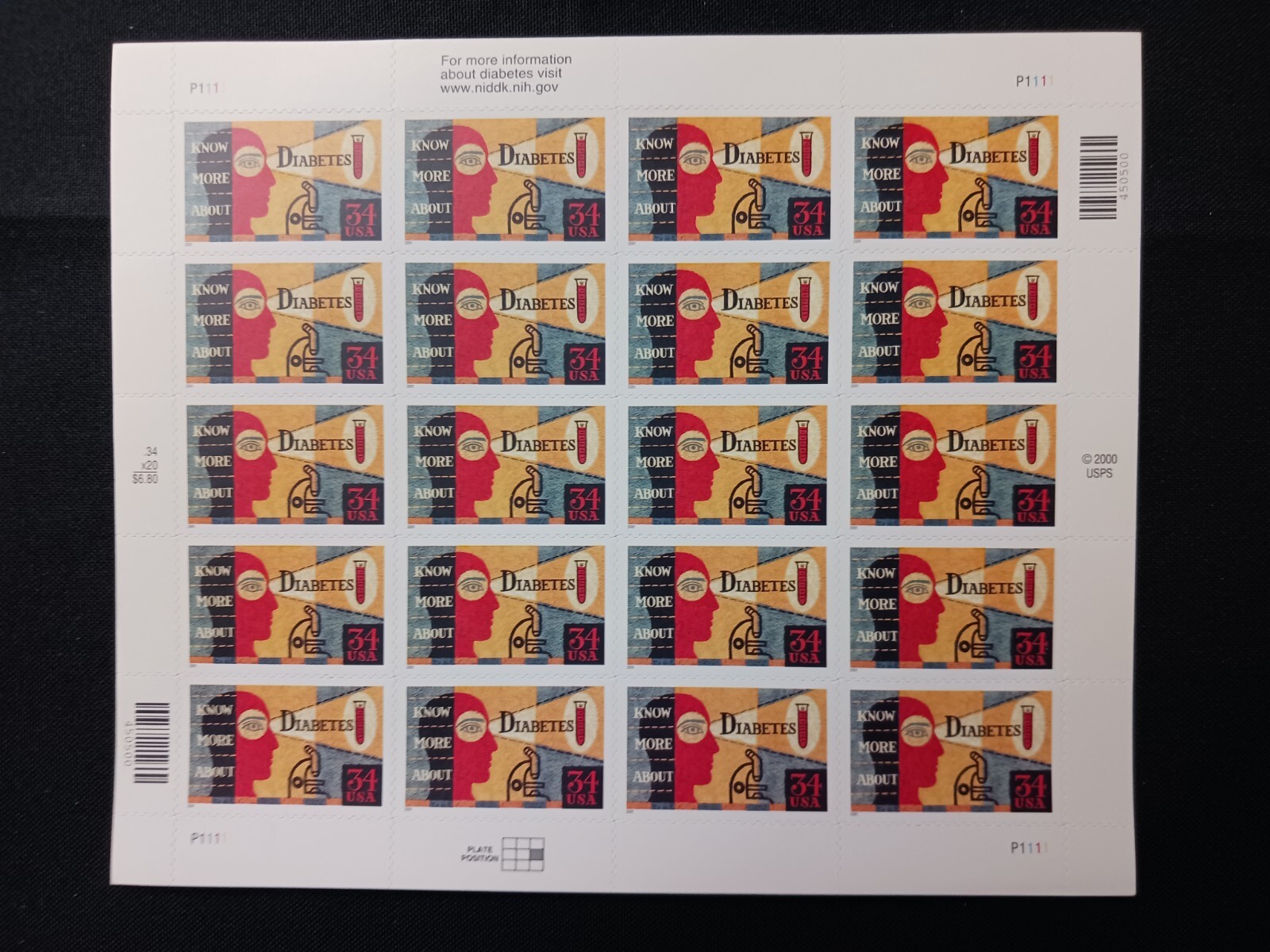Scott #3503 34¢ Diabetes Awareness Health – Sheet of 20 US 34¢ Stamps