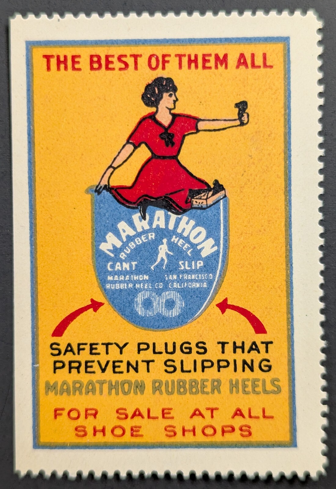 Vintage Marathon Safety Plugs Marathon Rubber Heels Shoe Woman Poster Stamp