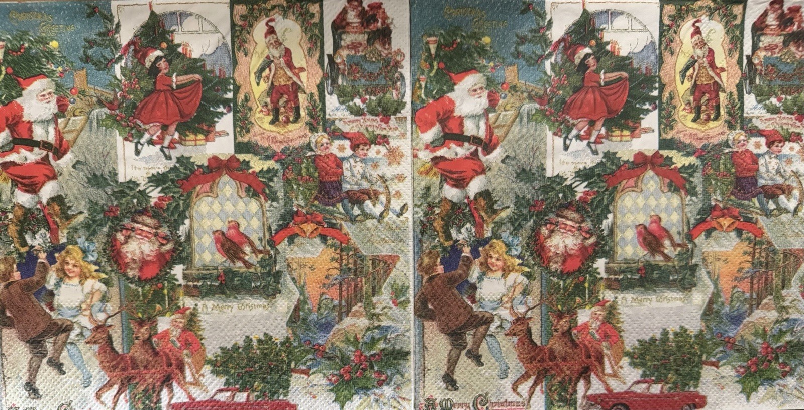TWO Paper LUNCHEON Decoupage Napkins Christmas SANTA Vintage Retro Reindeer