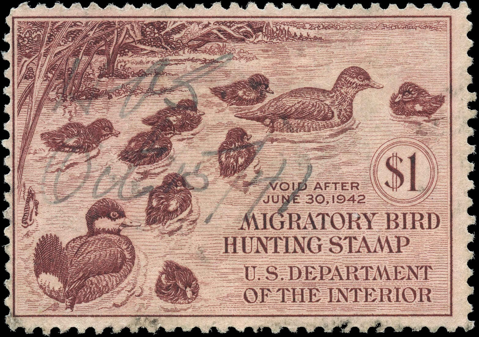 USA Used F+ $1.00 Scott #RW8 1941 Migratory Bird Hunting Dept. of Interior Stamp