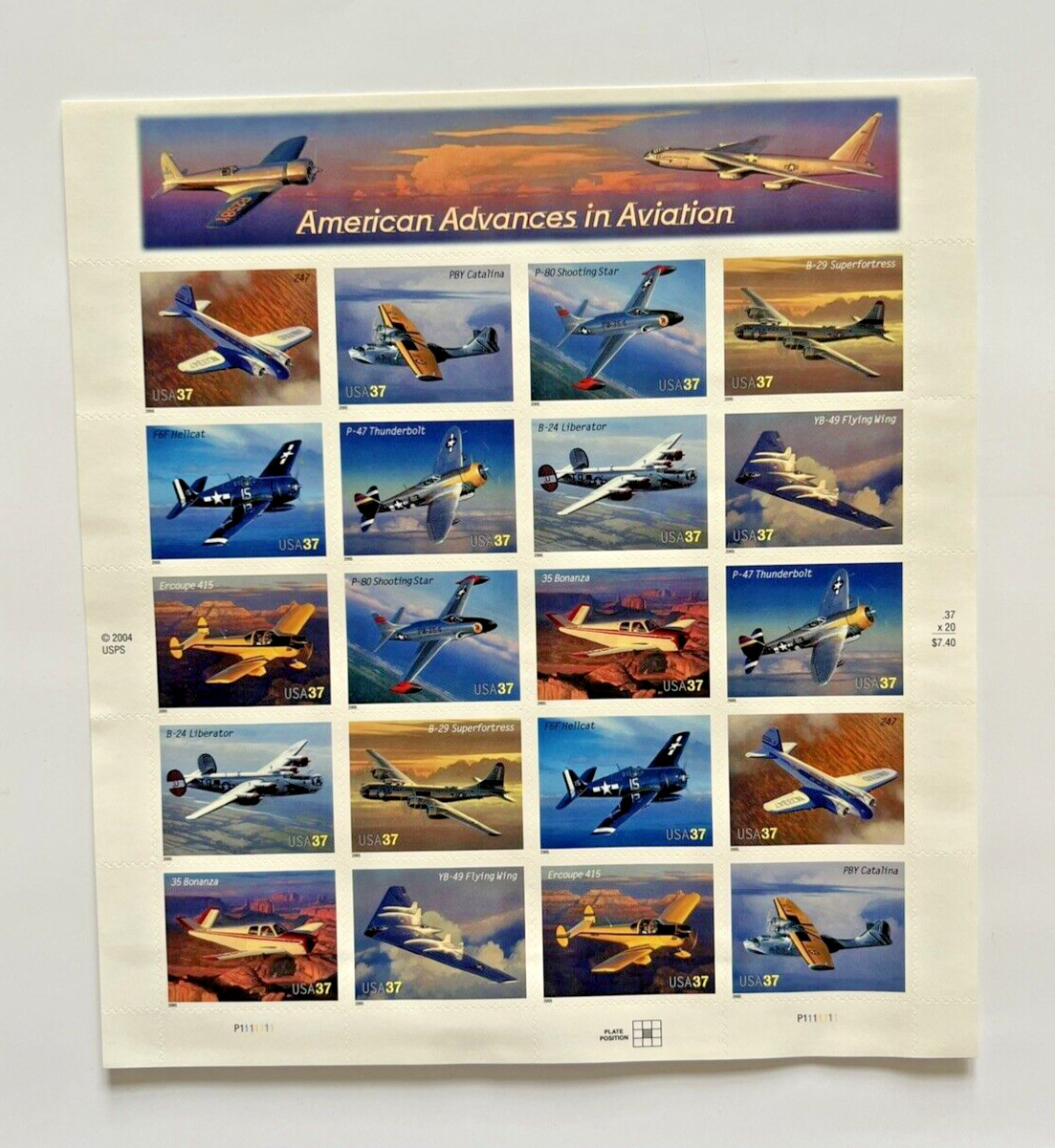 #3916 AMERICAN ADVANCES IN AVIATION – 5 SHEETS OF 20 = 100 37¢ STAMPS FV $37