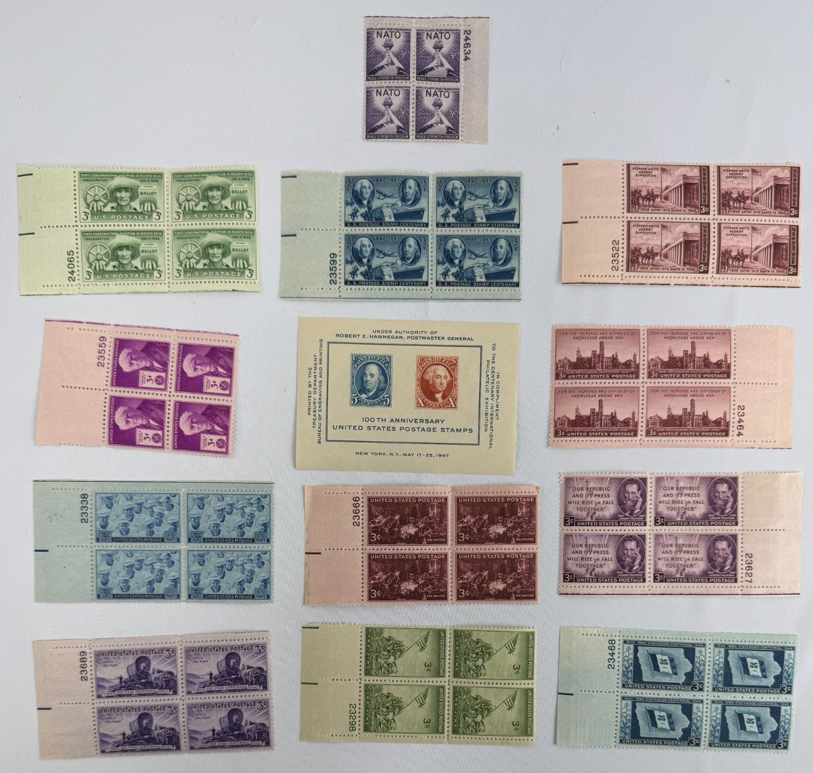 13 Mint US Commemorative Plate Blocks and CIPEX Souvenir Sheet 1946-1949