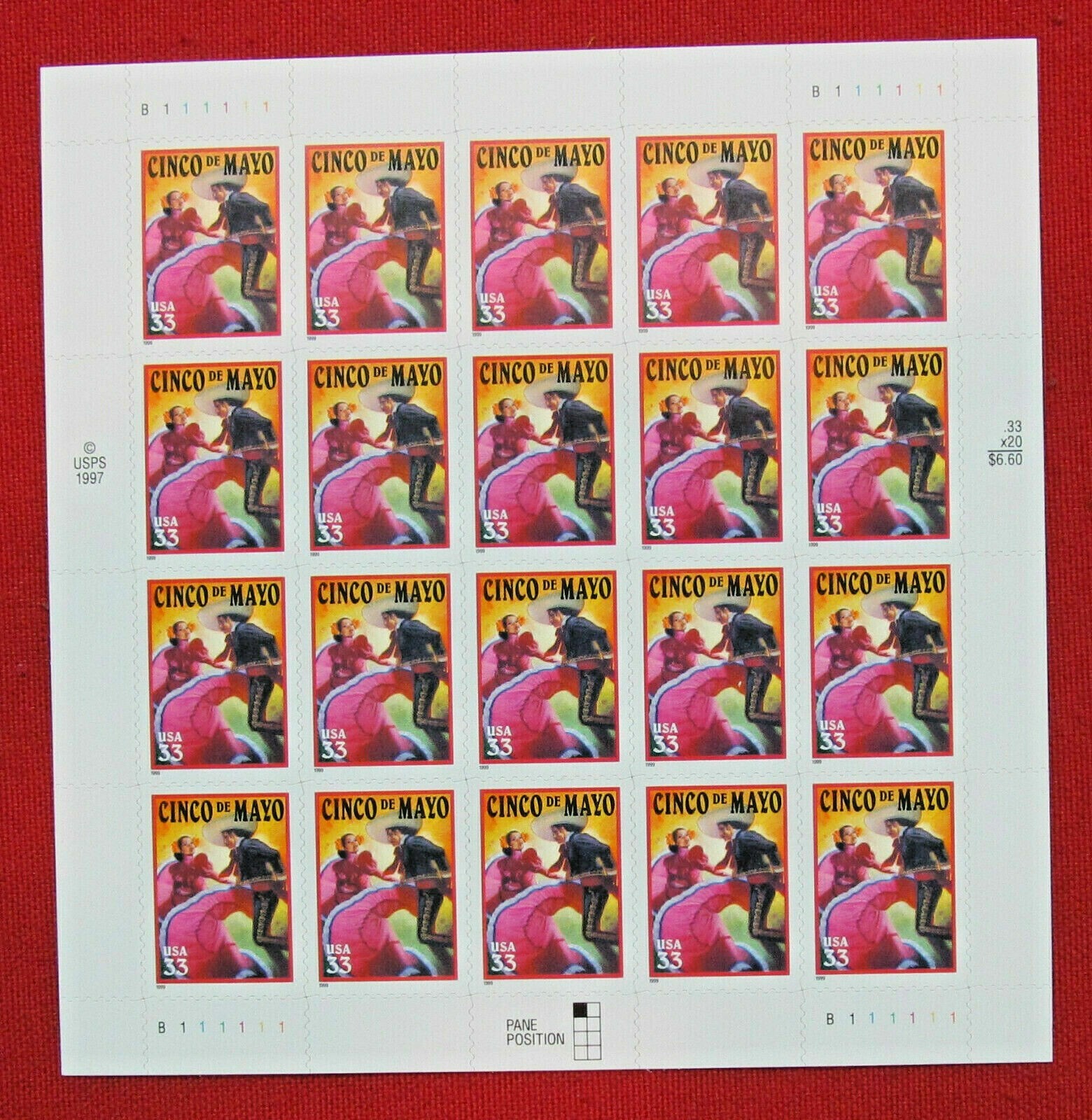Three Sheets /Panes x 20 = 60 of CINCO DE MAYO 33¢ US Postage Stamps USA Sc 3309
