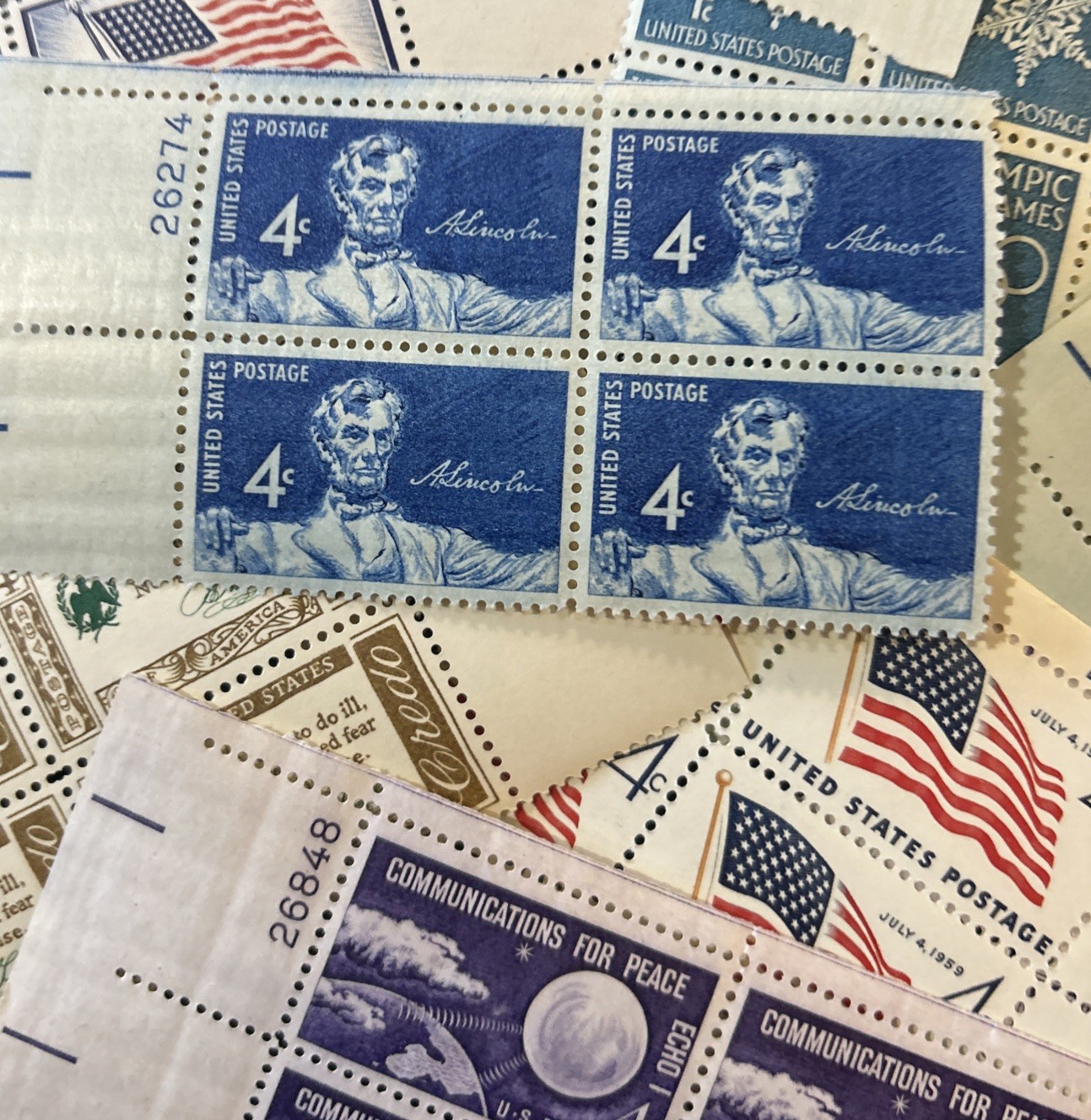 10 MNH OLD All Different Vintage 4 cent Plateblocks – some Over 65 Years Old