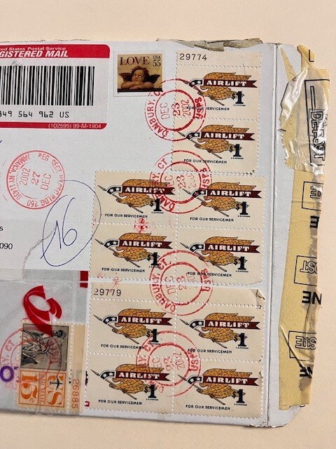 $1.00 Airlift (9) 2002 Registered Airmail to Belgium Opened by Customs