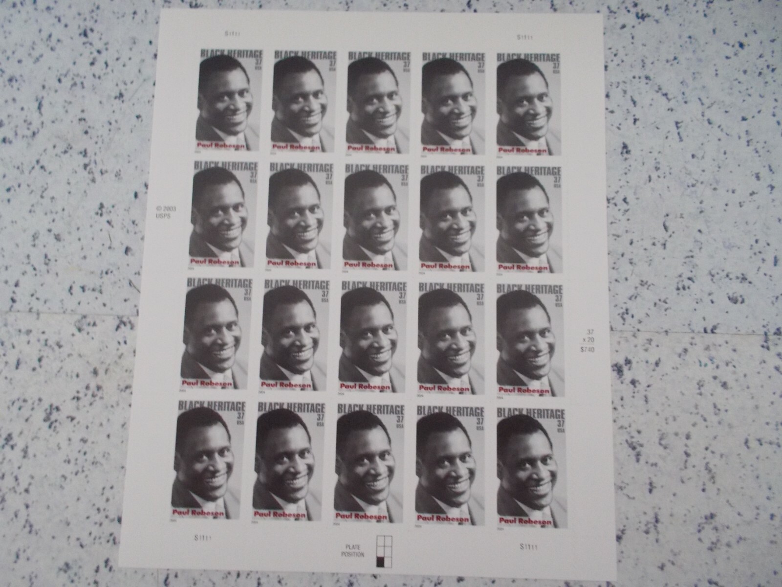 #3834 BLACK HERITAGE PAUL ROBESON Sheet of 20 37 CENT STAMPS 2003/2004 MNH